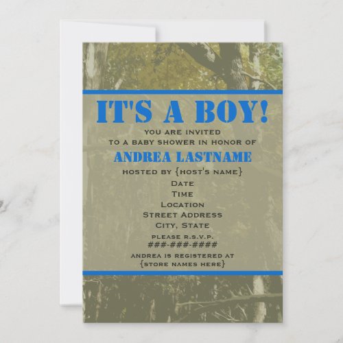 Camouflage &amp; Blue Baby Shower Invitation