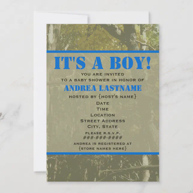 Camouflage &amp; Blue Baby Shower Invitation | Zazzle