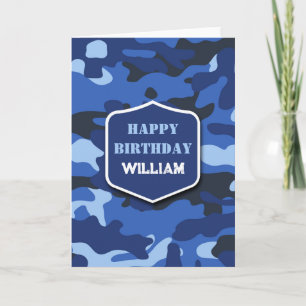 Camouflage Blue Camo Army Monogram Birthday Card