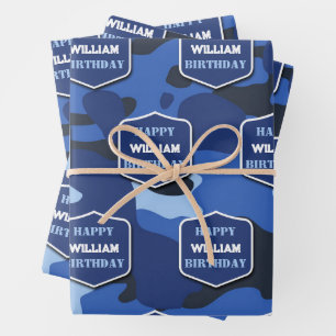 Camouflage Blue Camo Army Monogram Birthday Name Wrapping Paper Sheets