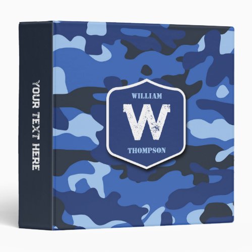 Camouflage Blue Camo Army Pattern Monogram  3 Ring Binder