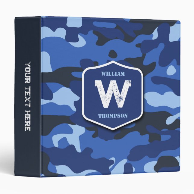 Camouflage Blue Camo Army Pattern Monogram  3 Ring Binder (Front/Spine)