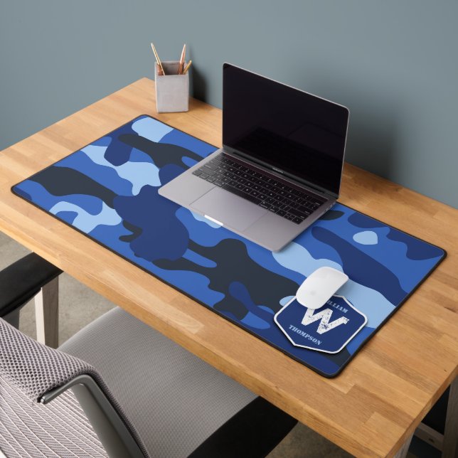 Camouflage Blue Camo Army Pattern Monogram   Desk Mat (Office 2)