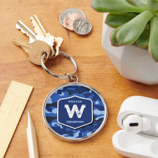 Camouflage Blue Camo Army Pattern Monogram Keychain (Desk)