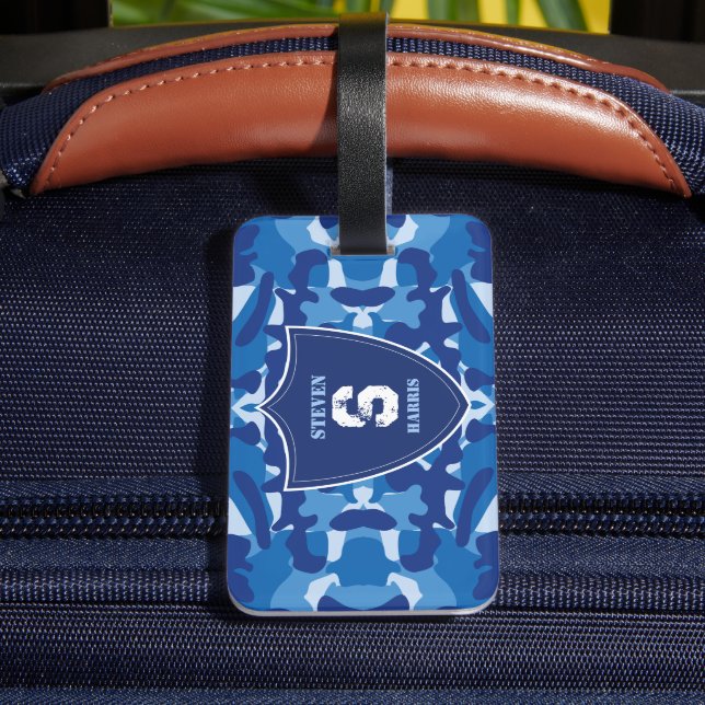 Camouflage Blue Camo Army Pattern Monogram Luggage Tag (Back Insitu 4)