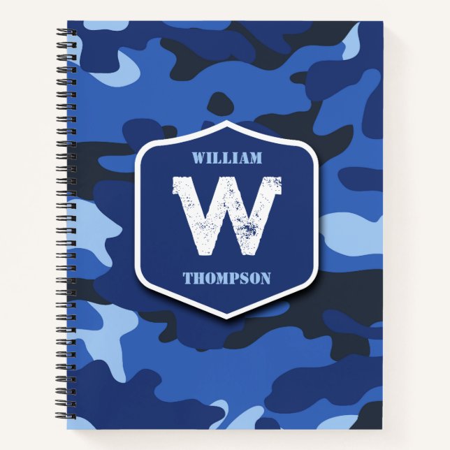Camouflage Blue Camo Army Pattern Monogram  Notebook (Front)