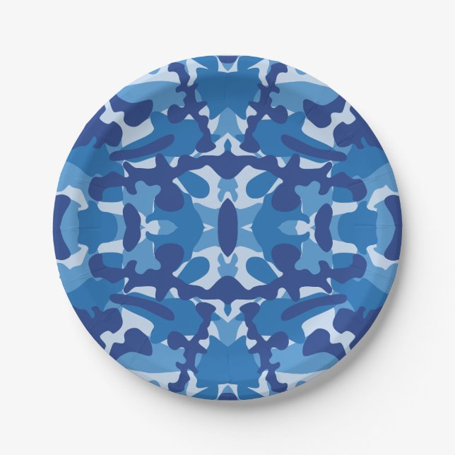 Camouflage Blue Camo Army Pattern Monogram Paper Plates (Front)
