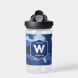 Camouflage Blue Camo Army Pattern Monogram School Water Bottle