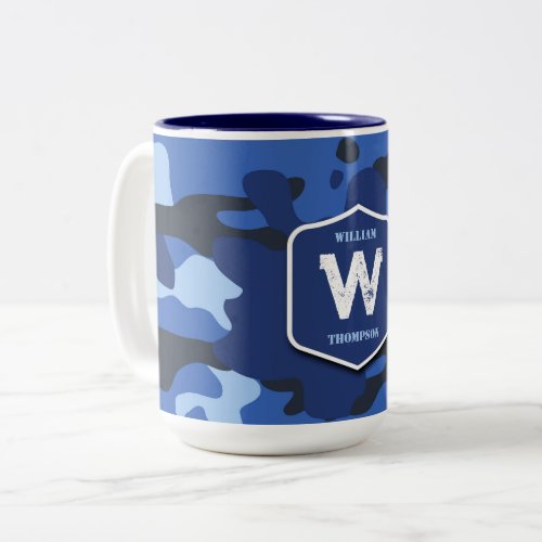 Camouflage Blue Camo Army Pattern Monogram   Two_Tone Coffee Mug