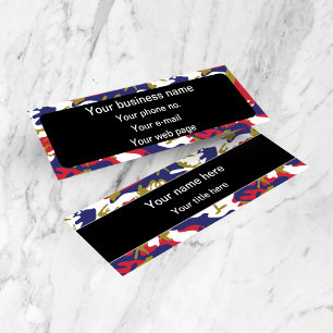 Camouflage, Blue White Red Gold, Military, Army Mini Business Card