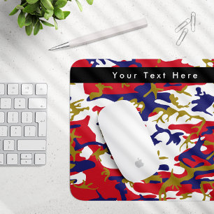 Camouflage, Blue White Red Gold, Military, Army Mouse Pad