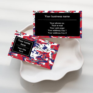 Camouflage, Blue White Red Gray, Military, Army Business Card