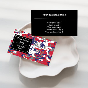 Camouflage, Blue White Red Gray, Military, Army Business Card