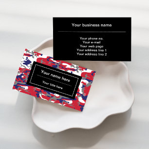 Camouflage, Blue White Red Gray, Military, Army Business Card