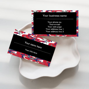 Camouflage, Blue White Red Gray, Military, Army Business Card