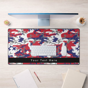 Camouflage, Blue White Red Gray, Military, Army Desk Mat