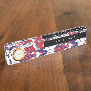 Camouflage, Blue White Red Gray, Military, Army Desk Name Plate
