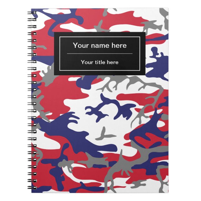 Camouflage, Blue White Red Gray, Military, Army Notebook (Front)