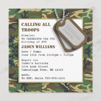 Camouflage / Camo Birthday Party With Dog Tags Invitation by prettypicture at Zazzle