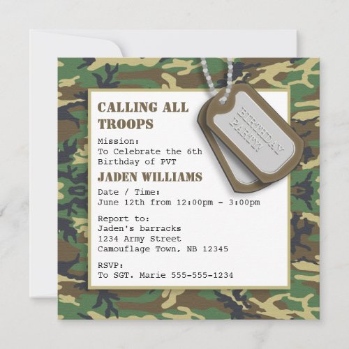 Camouflage  Camo Birthday Party with Dog Tags Invitation