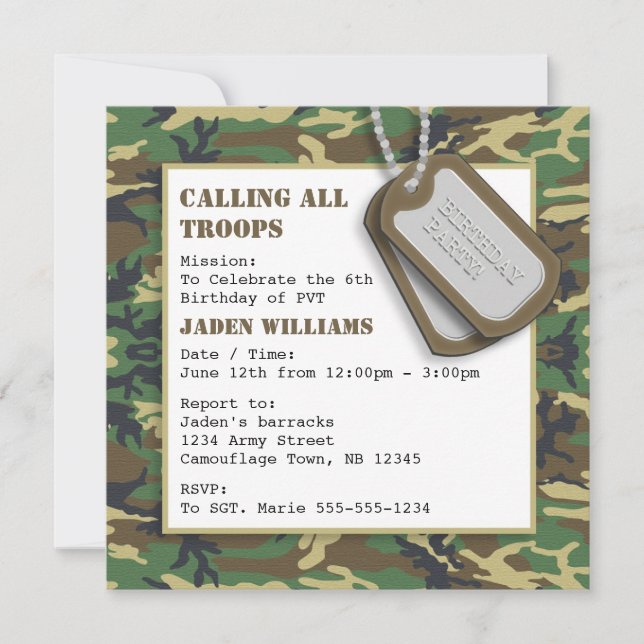 Camouflage / Camo Birthday Party with Dog Tags Invitation (Front)