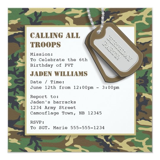 Camouflage Camo Birthday Party With Dog Tags Invitation Camouflage Camo Birthday Party With Dog Tags Invitation