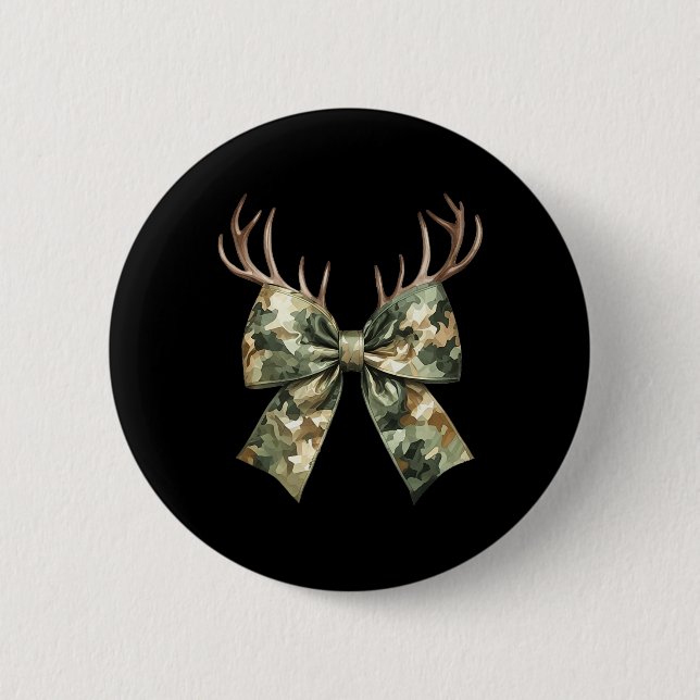 Camouflage Camo Coquette Bow Hunting Deer Hunter W Button (Front)
