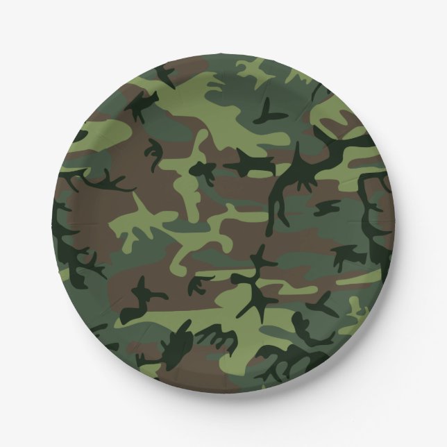 Camouflage Camo Green Brown Pattern Paper Plates (Front)