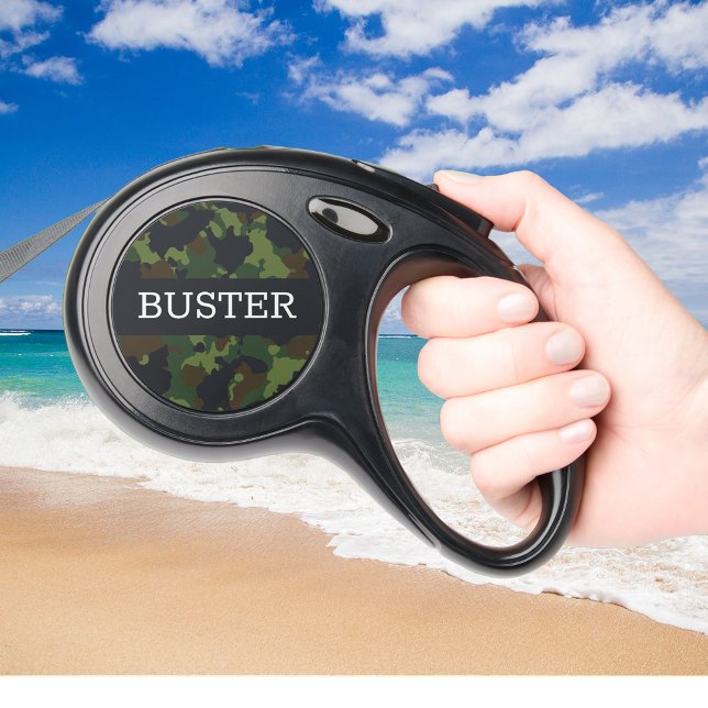 Camouflage Camo Green name Monogram Retractable Pet Leash (Creator Uploaded)