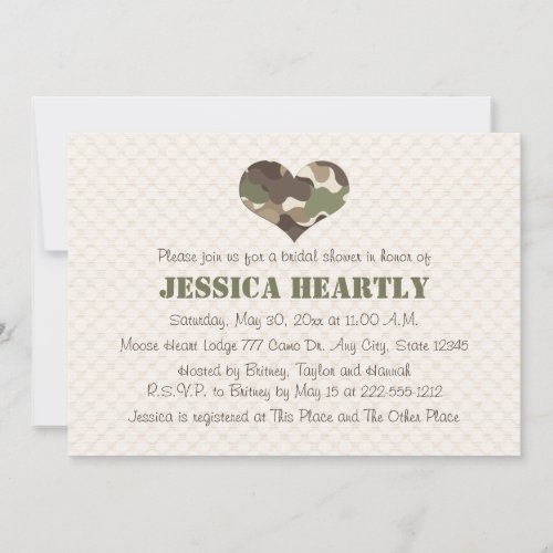 Camouflage Camo Heart Bridal Shower Invitations