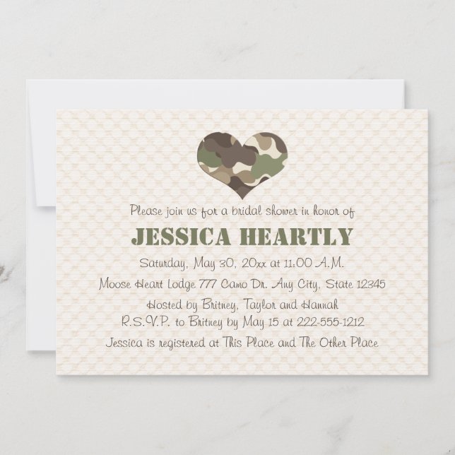 Camouflage Camo Heart Bridal Shower Invitations (Front)