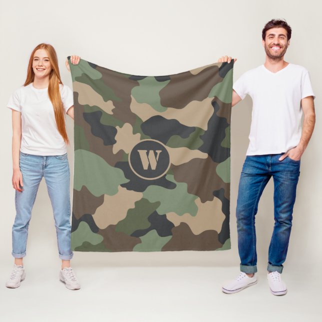 Camouflage Camo Khaki Green Tan Black Monogram Fleece Blanket (In Situ)