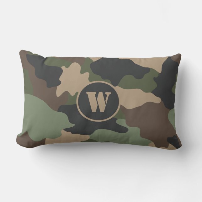 Camouflage Camo Khaki Green Tan Black Monogram Lumbar Pillow (Front)