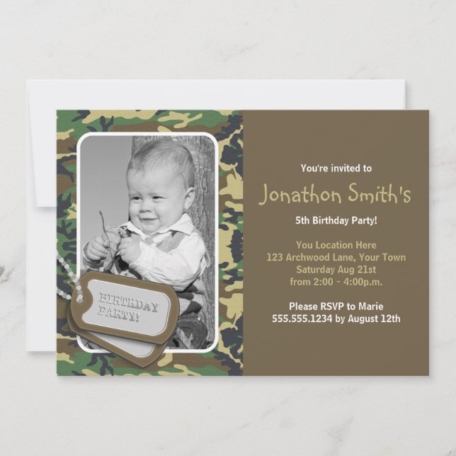 Camouflage / Camo Theme Photo Birthday Invitation (Front)