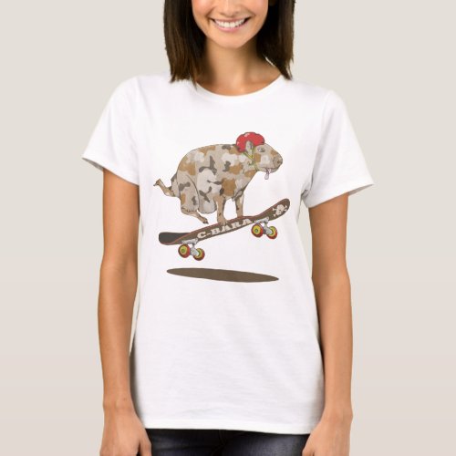 Camouflage Capybara Skateboarding T_Shirt