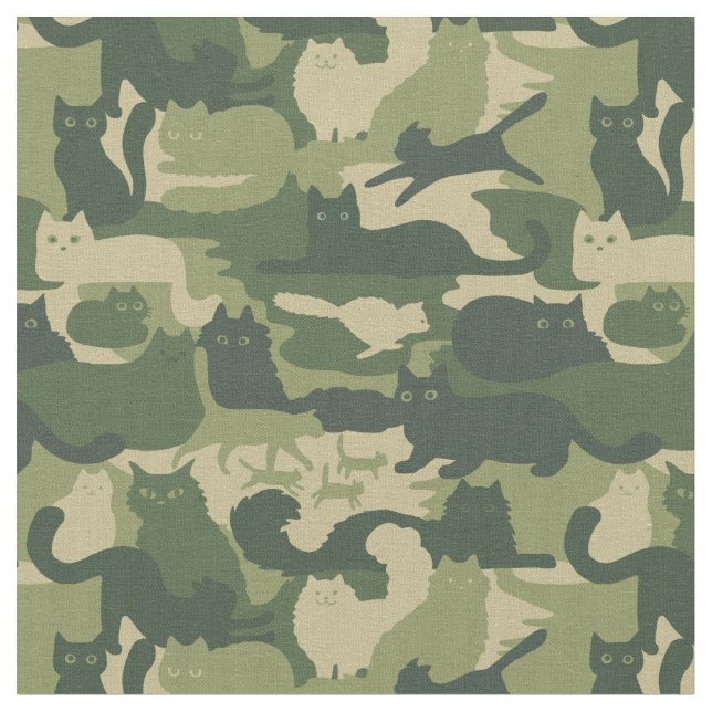 Camouflage Cats Pattern Army Green Kitty Cats Camo Fabric (Close Up)