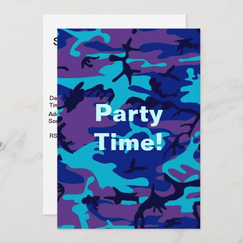 Camouflage Dark Blue  Purple Birthday Party Invitation