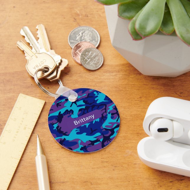 Camouflage Dark Blue & Purple Pattern Add Name Keychain (Desk)