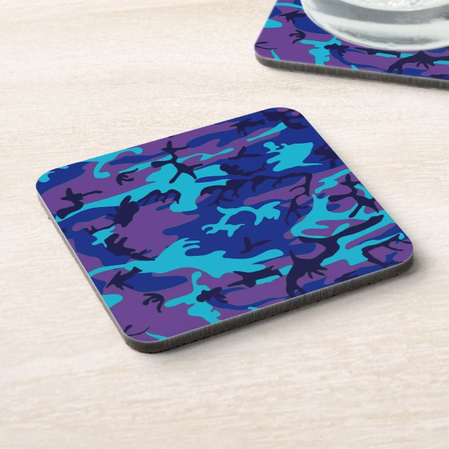 Camouflage Dark Blue & Purple Pattern Square Beverage Coaster (Left Side)