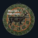 Camouflage Deer Hunter Man Cave Dart Board<br><div class="desc">This hunting themed dartboard has a picture of a deer / reindeer that is brown with large antlers. It also has a green and brown camo pattern and alternating shades of orange. This is a great game board for outdoorsmen, hunters and men with camouflage-themed man caves. Use the template to...</div>