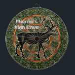 Camouflage Deer Hunter Man Cave Dart Board<br><div class="desc">This hunting themed dartboard has a picture of a deer / reindeer that is brown with large antlers. It also has a green and brown camo pattern and alternating shades of orange. This is a great game board for outdoorsmen, hunters and men with camouflage-themed man caves. Use the template to...</div>