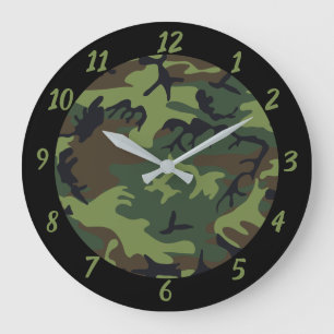 Camouflage Green Black Military Theme Large Clock