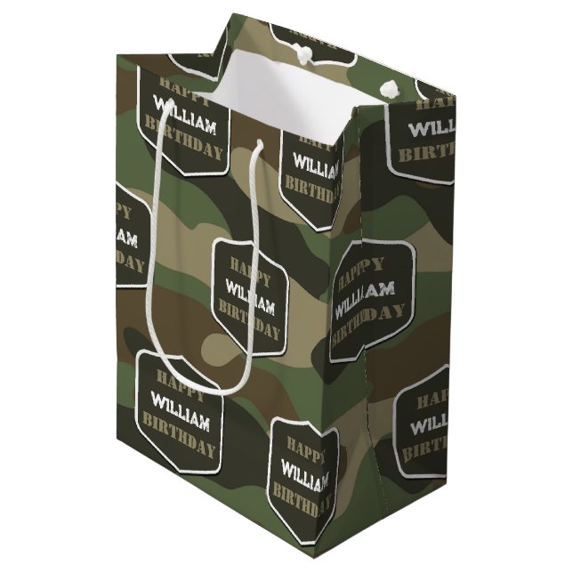 Camouflage Green Camo Army Monogram Birthday Name Medium Gift Bag (Front Angled)