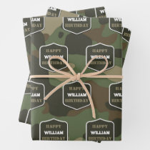 Camouflage Green Camo Army Monogram Birthday Name Wrapping Paper Sheets