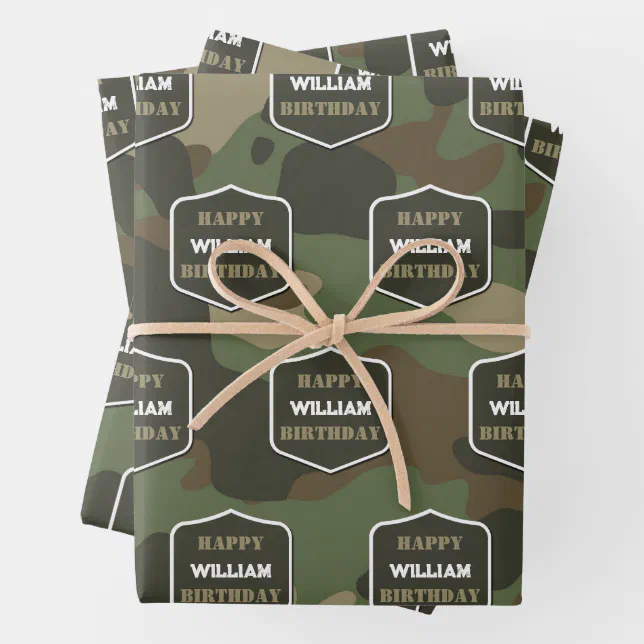 Camouflage Green Camo Army Monogram Birthday Name Wrapping Paper Sheets (In situ)