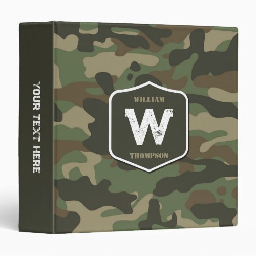 Camouflage Green Camo Army Pattern Monogram  3 Ring Binder