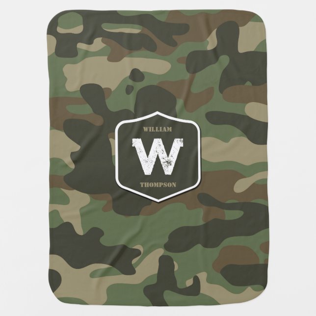 Camouflage Green Camo Army Pattern Monogram  Baby Blanket (Front)