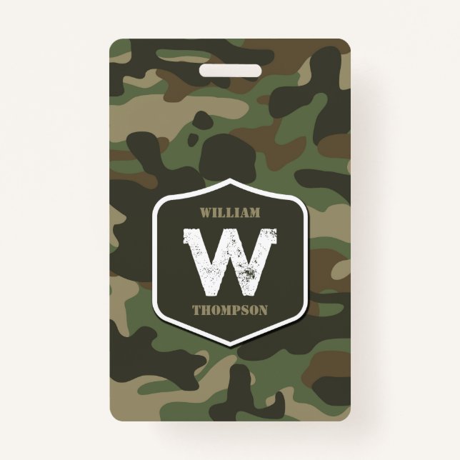 Camouflage Green Camo Army Pattern Monogram Badge (Front)