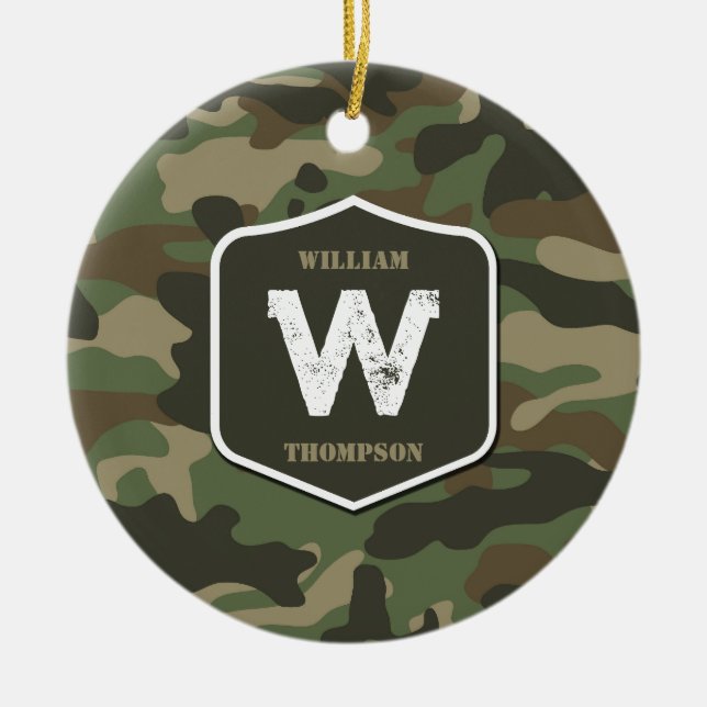 Camouflage Green Camo Army Pattern Monogram  Ceramic Ornament (Front)