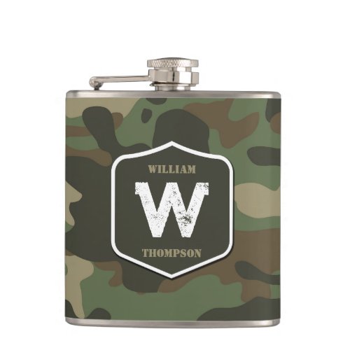 Camouflage Green Camo Army Pattern Monogram Flask